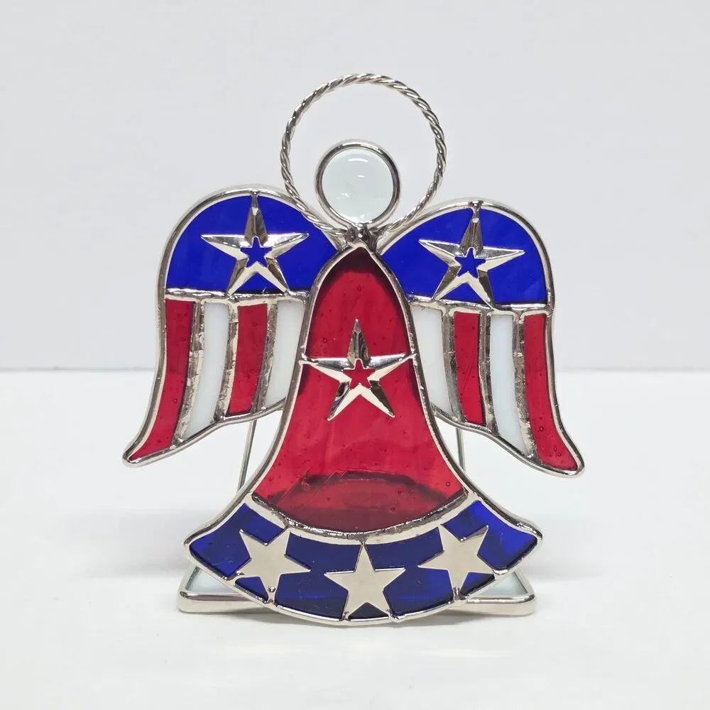 Vintage Stained Glass American Flag Angel Patriotic Tea Light Candle Holder